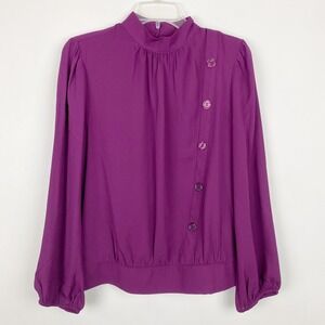 New York & Company Purple Asymmetrical Button Mock Neck Puff Sleeve Blouse Small